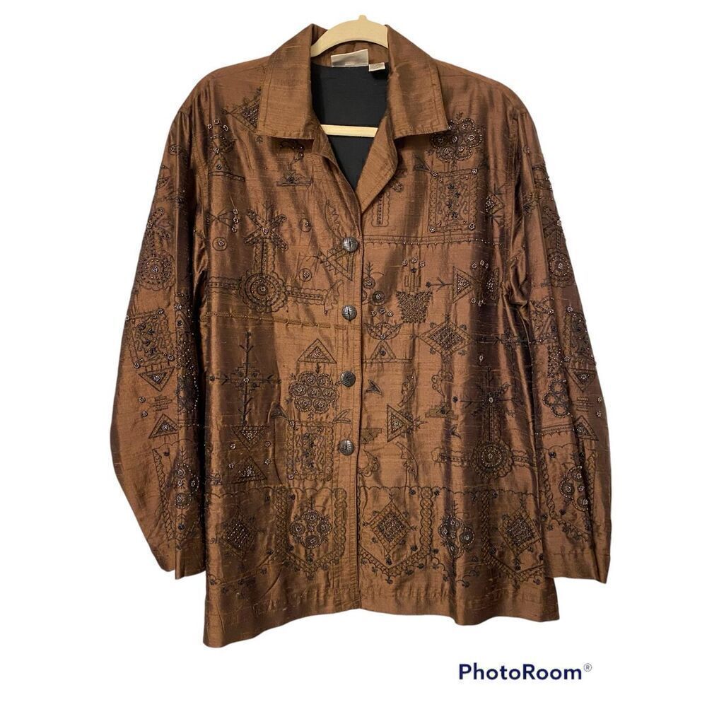 Chico’s 100% Silk Embroidered/Beaded Blouse Sz.  S Asian Abstract Desg. Boxy
